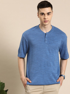 Mast & Harbour Solid Men Henley Neck Blue T-Shirt