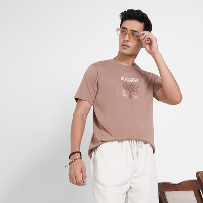 7 Alt by Pantaloons Printed Men Round Neck Brown T-Shirt