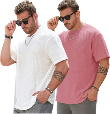 COPEHHI Solid Men Round Neck Pink, White T-Shirt