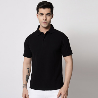 SLOWLORIS Solid Men Polo Neck Black, Gold T-Shirt
