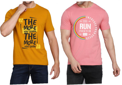 WOOSTRO Printed Men Round Neck Brown, Pink T-Shirt