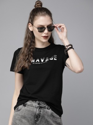 Patche Typography Women Round Neck Black T-Shirt