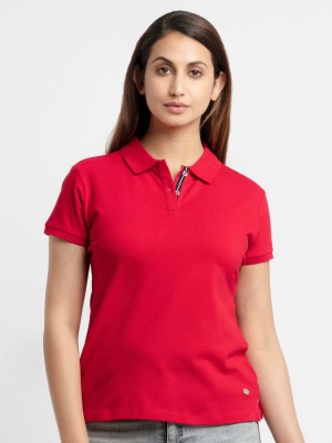 Status Quo Solid Women Polo Neck Red T-Shirt