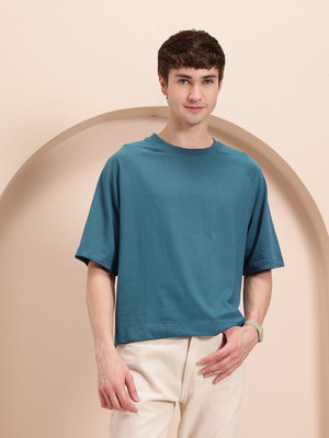 Mast & Harbour Solid Men Round Neck Blue T-Shirt