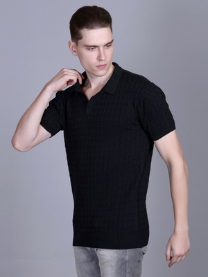 DZANT Self Design Men Polo Neck Black T-Shirt