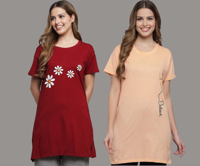 issavi Graphic Print Women Round Neck Maroon, Beige T-Shirt