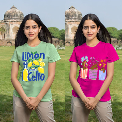 Parona Graphic Print Women Round Neck Green, Pink T-Shirt