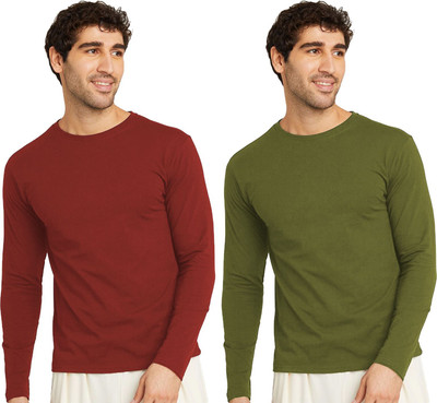 OrrganicChics Solid Men Round Neck Maroon, Green T-Shirt
