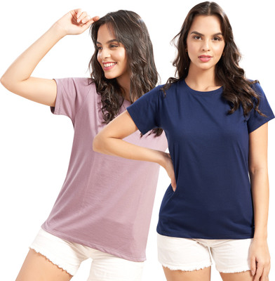 WEET Solid Women Round Neck Blue, Pink T-Shirt