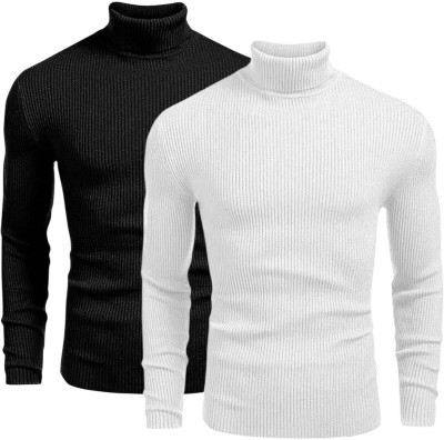 clothyy Solid Men Turtle Neck White, Black T-Shirt