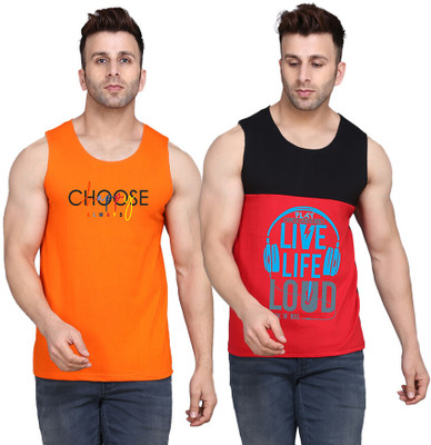 SLOWLORIS Printed, Colorblock Men Round Neck Black, Red, Orange T-Shirt