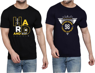 WOOSTRO Printed Men Round Neck Black, Dark Blue T-Shirt