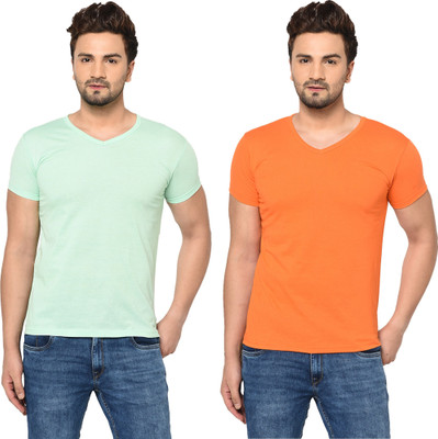 Tresna Fab Solid Men V Neck Orange, Green T-Shirt