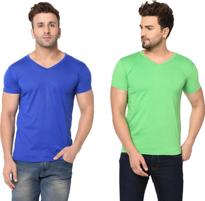 Moordale Fab Solid Men V Neck Green, Blue T-Shirt