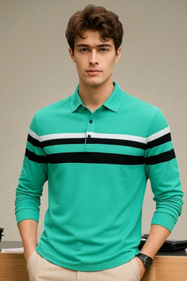 Autna Striped Men Polo Neck Green T-Shirt