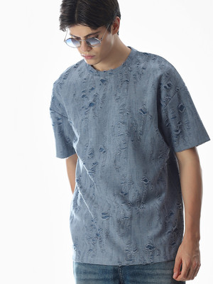 JACK & JONES Self Design Men Round Neck Blue T-Shirt