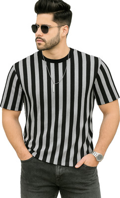 THINK IT UP Striped Men Round Neck Grey T-Shirt