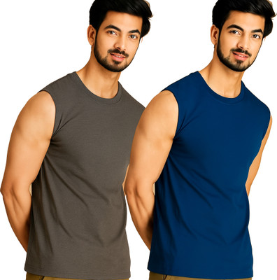 Moordale Solid Men Round Neck Grey, Dark Blue T-Shirt