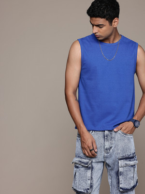 R.Code by The Roadster Life Co. Solid Men Round Neck Blue T-Shirt