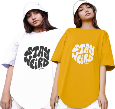 R S Fashion Printed Women Round Neck White, Yellow T-Shirt