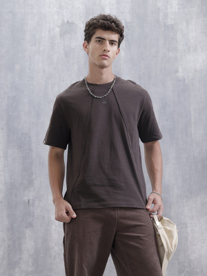 WROGN Solid Men Crew Neck Brown T-Shirt
