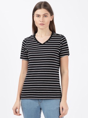 JOCKEY Striped Women V Neck Black T-Shirt