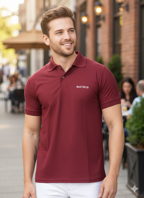 NATRIS Solid Men Polo Neck Maroon T-Shirt