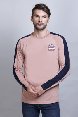 HVBK Colorblock Men Round Neck Pink T-Shirt