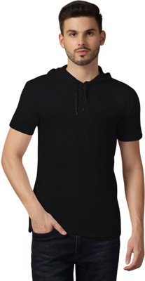 GEUM Solid Men Hooded Neck Black T-Shirt