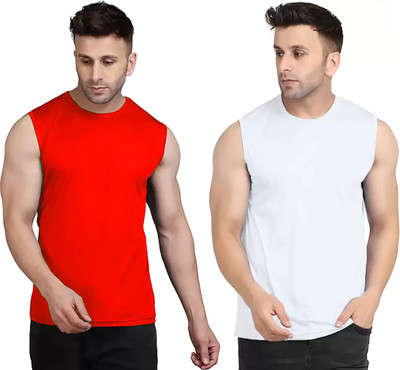 geetaffashion Solid Men Round Neck Red, White T-Shirt