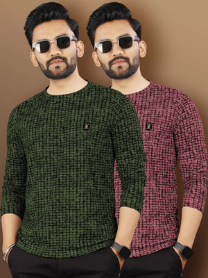 VeBNoR Printed Men Round Neck Green, Pink T-Shirt
