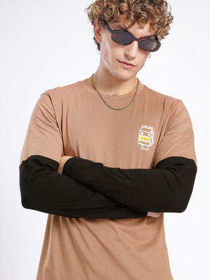 Glitchez Solid Men Round Neck Brown T-Shirt