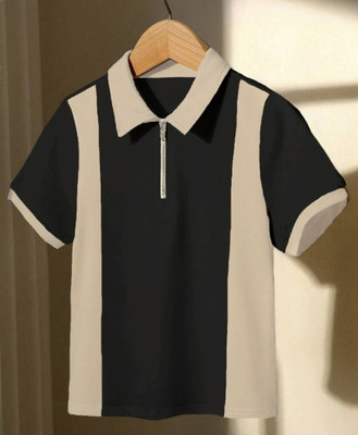 NB NICKY BOY Colorblock Men Zip Neck Black, Beige T-Shirt