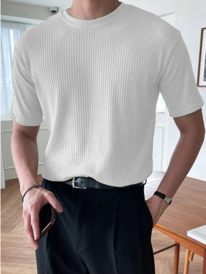 FARROWX Self Design Men Round Neck White T-Shirt