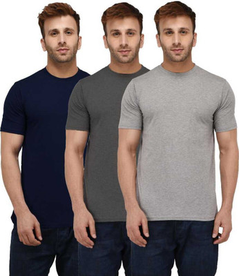 INKKR Solid Men Round Neck Dark Blue, Grey T-Shirt