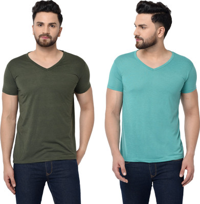 Tresna Fab Solid Men V Neck Dark Green, Light Green T-Shirt