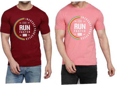 WOOSTRO Printed Men Round Neck Maroon, Pink T-Shirt