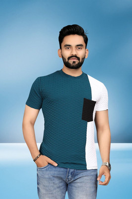 TANNU FAB Self Design Men Boat Neck Blue T-Shirt