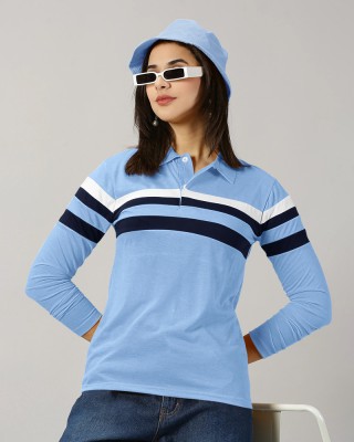 Outlander Colorblock Women Polo Neck Blue T-Shirt