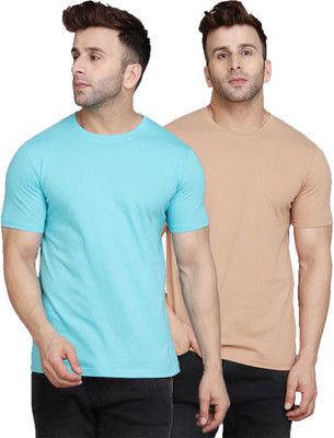 SLOWLORIS Solid Men Round Neck Blue, Beige T-Shirt