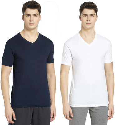 JOCKEY Solid Men V Neck Dark Blue, White T-Shirt