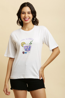 MODERNSSHOP Printed Women Round Neck White T-Shirt
