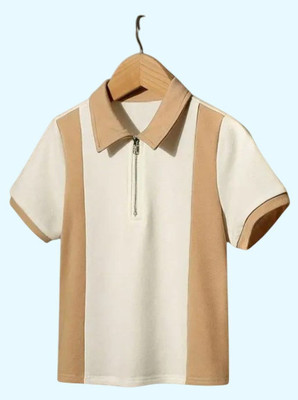 TEMUK Colorblock Men Zip Neck Beige, White T-Shirt