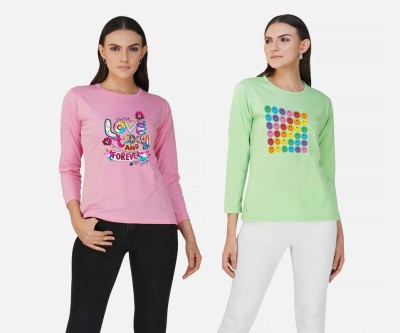 CHOZI Printed Women Round Neck Pink, Light Green T-Shirt