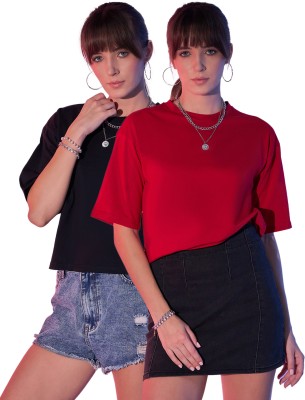 BuyNewTrend Solid Women Round Neck Black, Red T-Shirt