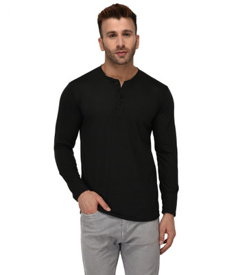 Jaskart Solid Men Henley Neck Black T-Shirt