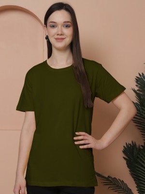 FRISKERS Solid Women Round Neck Dark Green T-Shirt