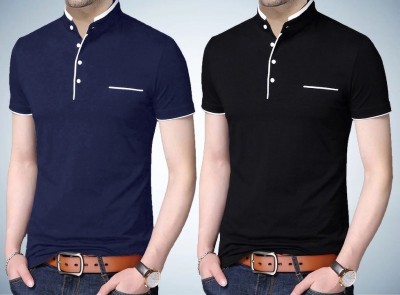 Nikshi Solid Men Mandarin Collar Black, Blue T-Shirt