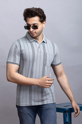 RosyRains Printed Men Polo Neck Grey T-Shirt