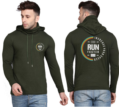 WOOSTRO Printed Men Hooded Neck Dark Green T-Shirt